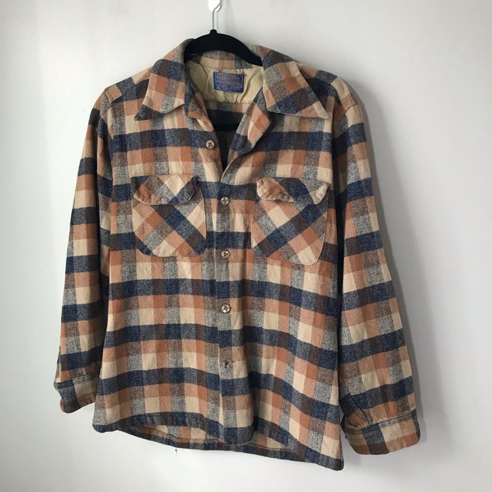 Vintage Pendleton wool brown blue plaid flannel unisex shirt M lumberjack USA